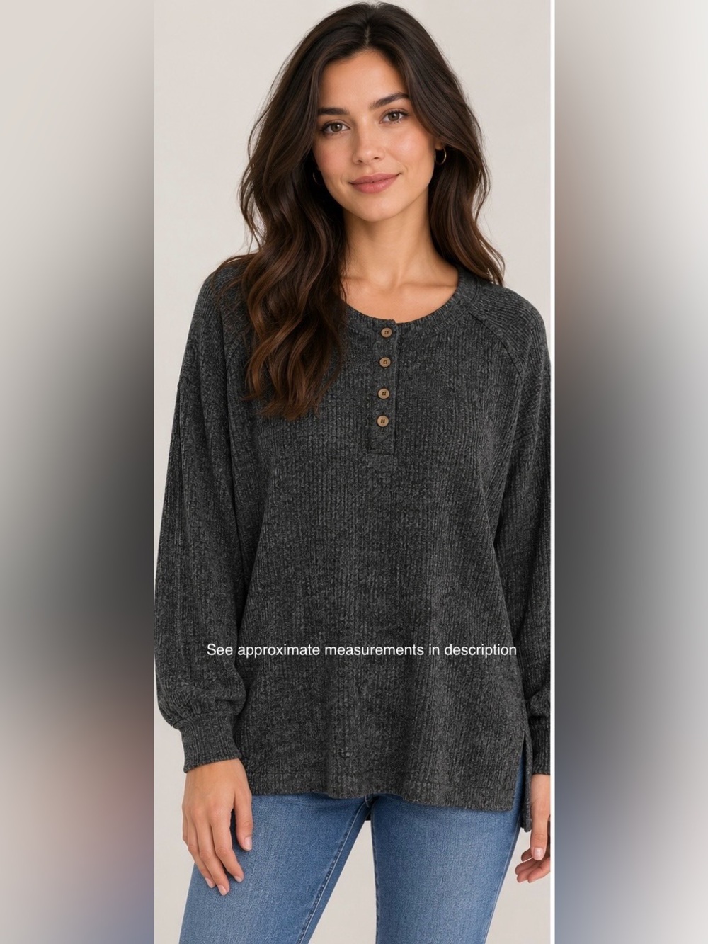 Zenana Outfitters Charcoal Button-Front Ribbed Henley Pullover NWOT